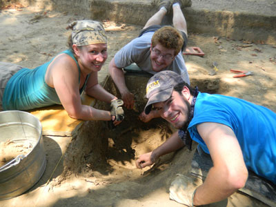 Allison Conner, field assistant, Stephen Warner and Jerry Warner excavate the cellar hole.