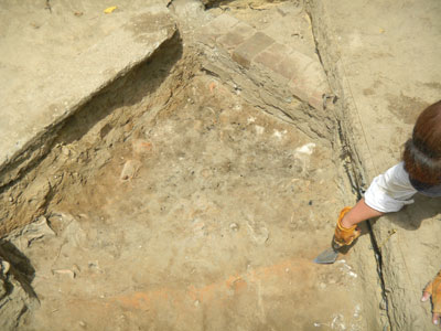 Lissa Tenuta uncovered the burned clay cellar wall.