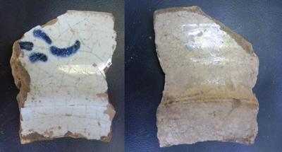 Both sides of the lead-backed, tin-glazed earthenware sherd from the Calvert House area.