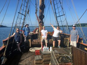 Born sailors, one and all. Pictured, from left: field school students Sarah McCoy, Sam Besse, August Rowell, Sabrina Wandres, and HSMC Research Intern Matthew Kamin